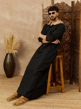 Men's Black Thobe with Stylish Contrast Hood